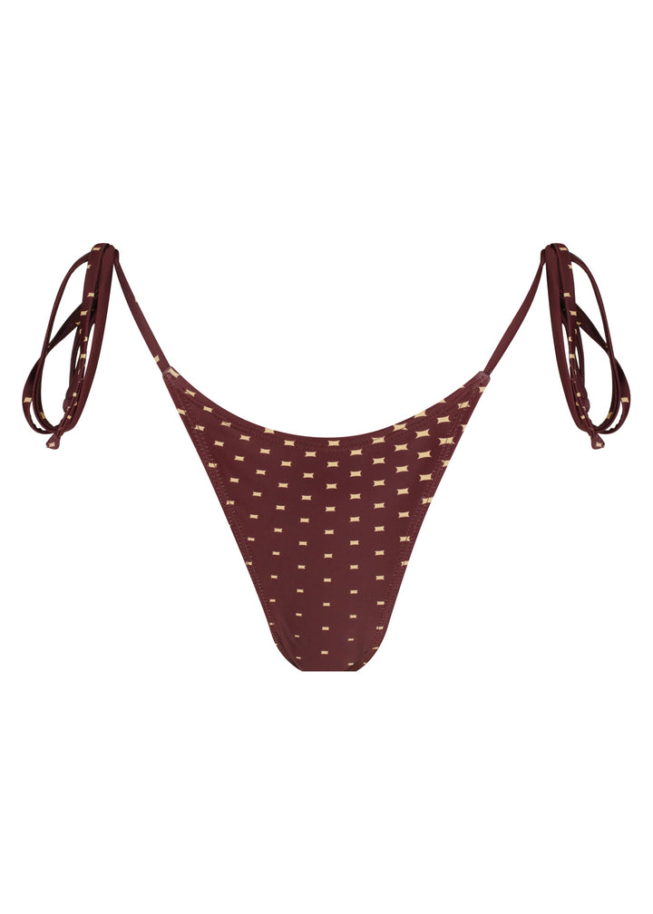 Dark brown Isla Classic Bottoms with a pattern of small beige four-pointed stars, classic triangle style with ties on the hips, cheeky coverage, against a white backdrop.