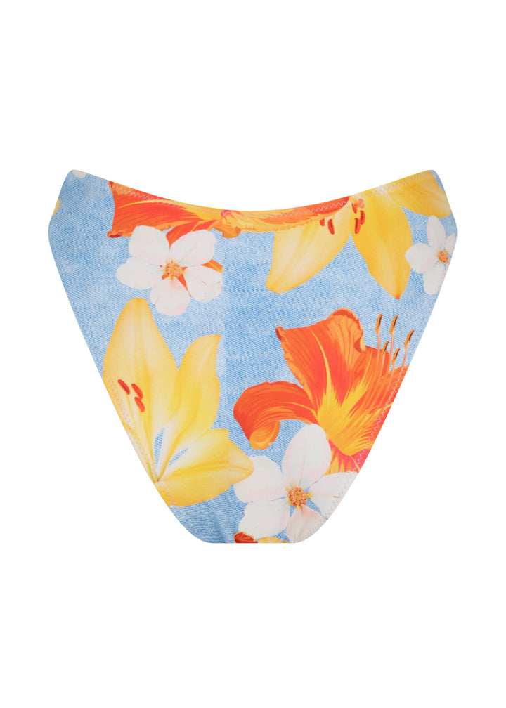 Back view of Firenze Midi Bottoms V-shaped, mid coverage bottom in floral vibrant orange and yellow flowers on a light blue background, displayed against a plain white backdrop.