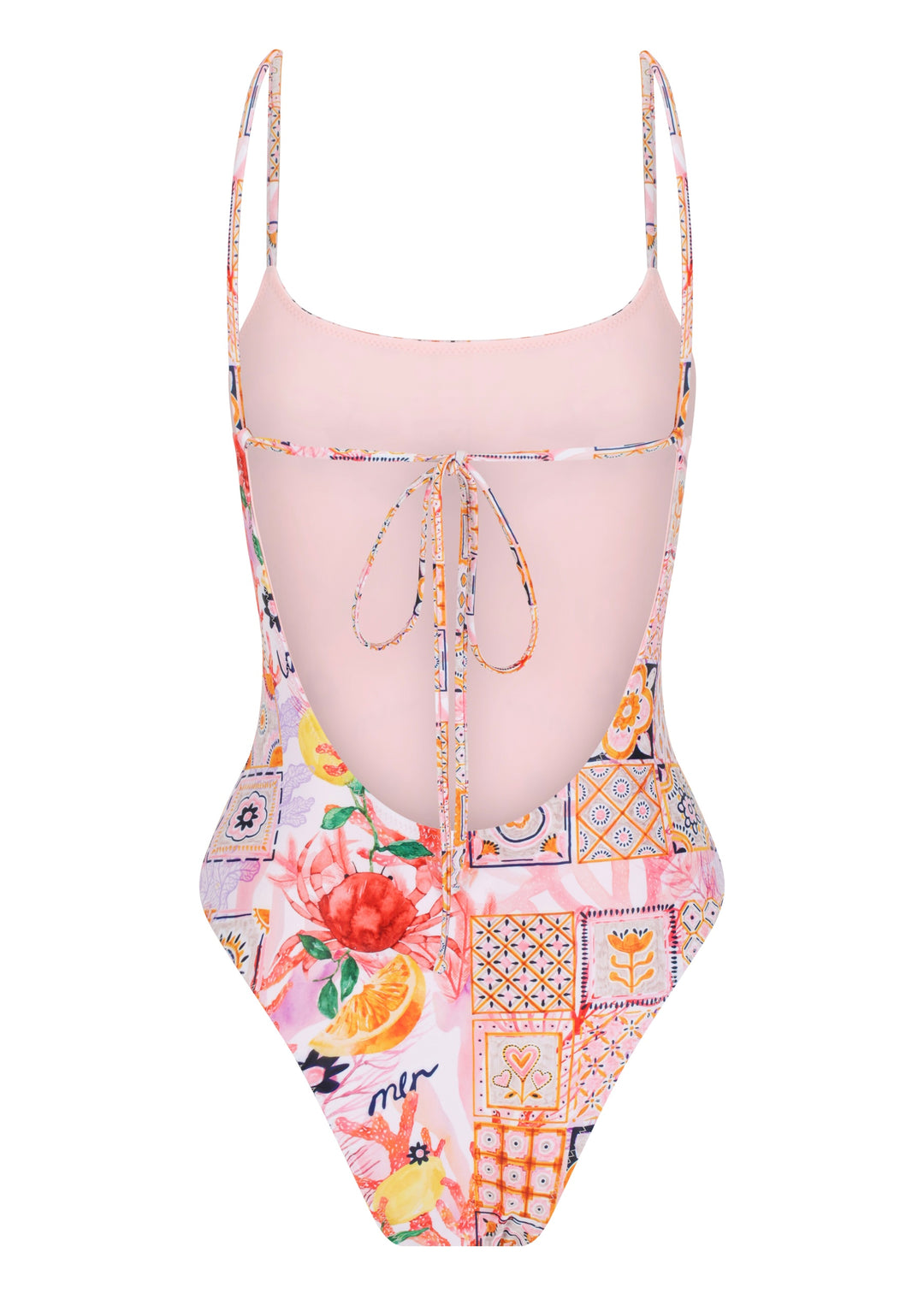 Back view of the colorful La Mer One Piece swimsuit with thin straps, featuring a vibrant patchwork of floral and geometric patterns, including fruits, flowers, tiles, and the word "la mer" on pink background, low cut on the back, a bow-tied thin back strap, cheeky coverage on a white backdrop.