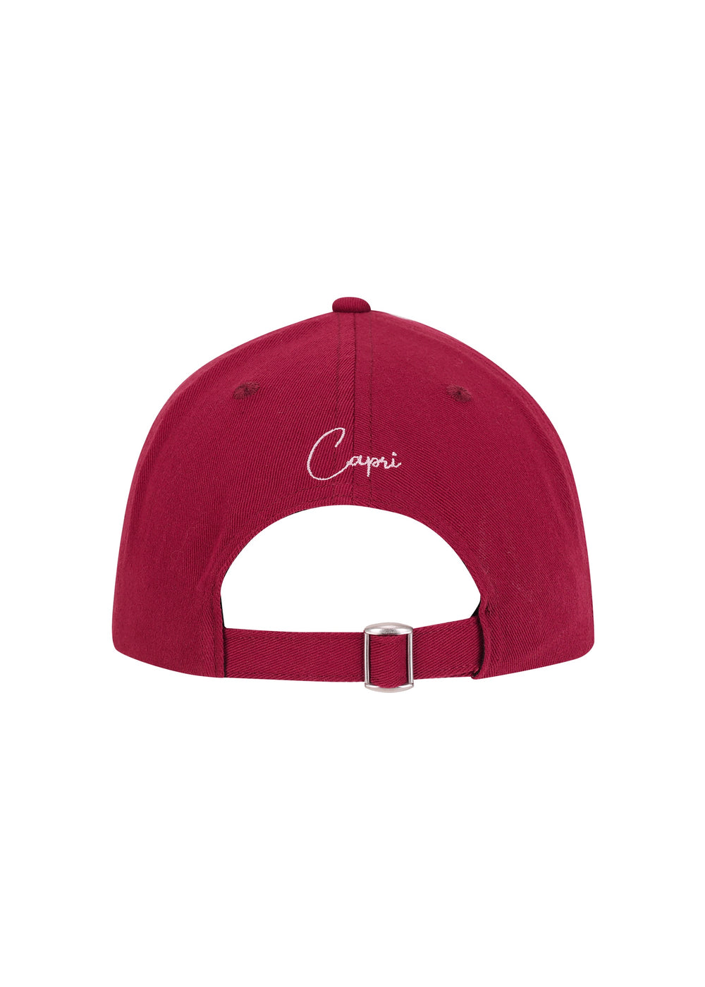 Burgundy colored Martini cap made from 100% cotton twill, classic baseball cap design, seen from the back, featuring the word "Capri" in soft pink cursive. Adjustable strap with a silver buckle, against a white backdrop.