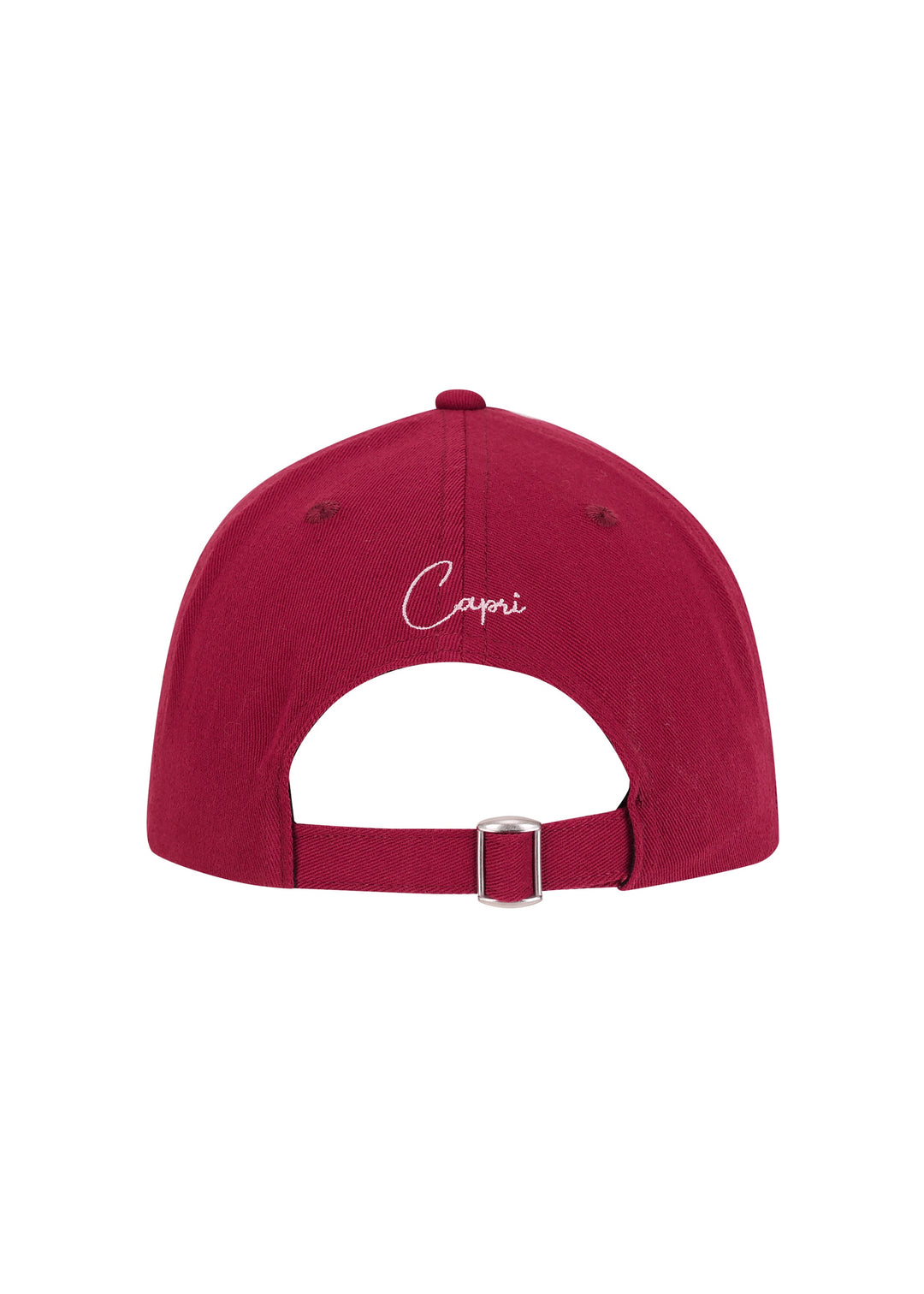 Burgundy colored Martini cap made from 100% cotton twill, classic baseball cap design, seen from the back, featuring the word "Capri" in soft pink cursive. Adjustable strap with a silver buckle, against a white backdrop.