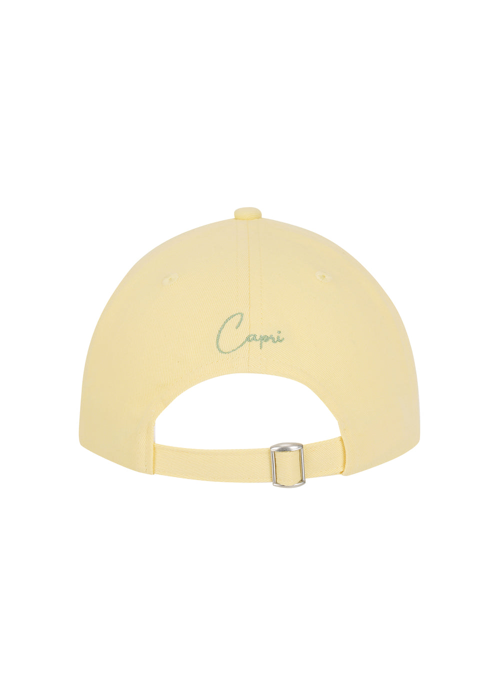 Light yellow Martini cap made from 100% cotton twill, classic baseball cap design, seen from the back, featuring the word "Capri" in silver cursive. Adjustable strap with a silver buckle, against a white backdrop.