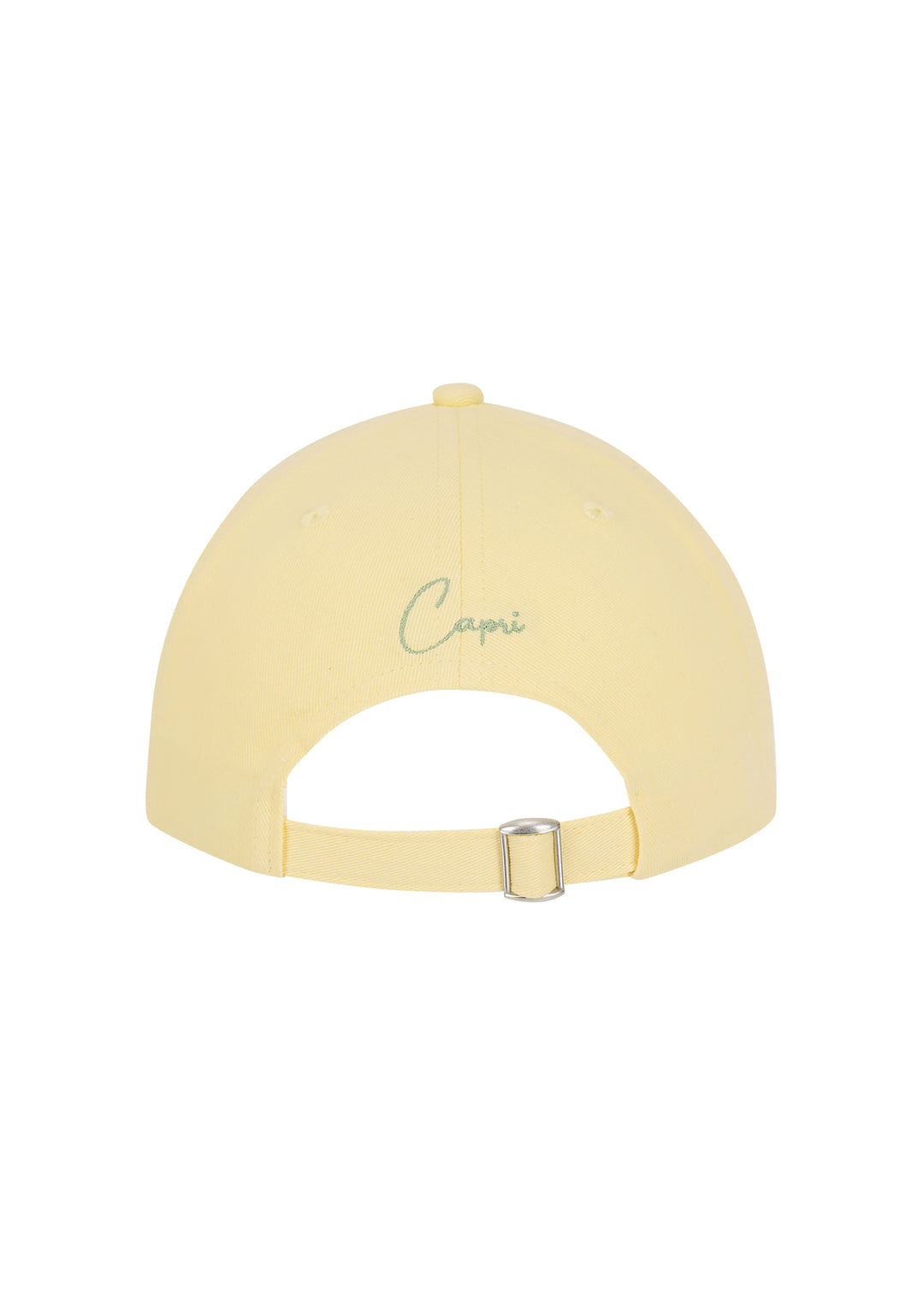 Light yellow Martini cap made from 100% cotton twill, classic baseball cap design, seen from the back, featuring the word "Capri" in silver cursive. Adjustable strap with a silver buckle, against a white backdrop.